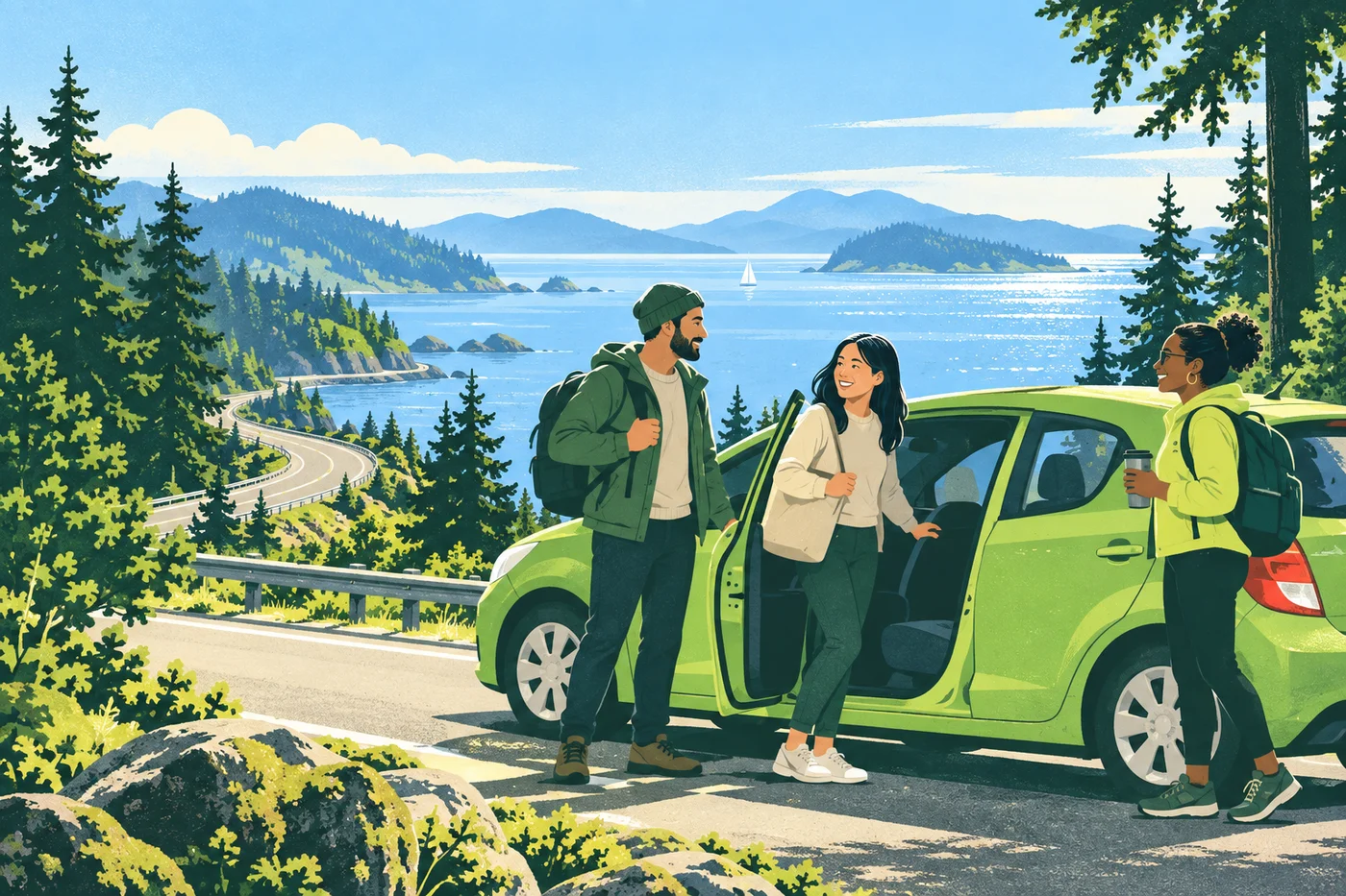 Illustration of three neighbours sharing a green car beside a Vancouver Island inspired coastline